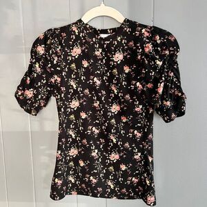 Floral Top Ruched Sleeve Crew Neck‎ Top Black Pink medium fairy goth whimsigoth